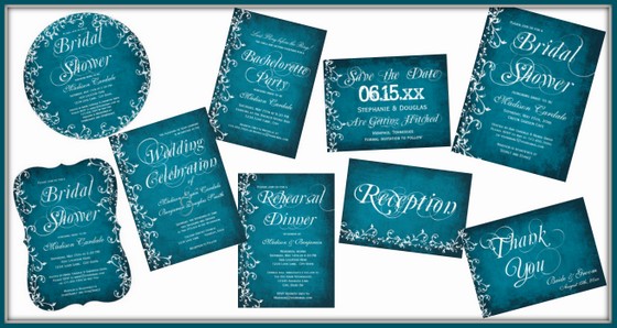 Vintage Blue Swirls Wedding Invitation Set